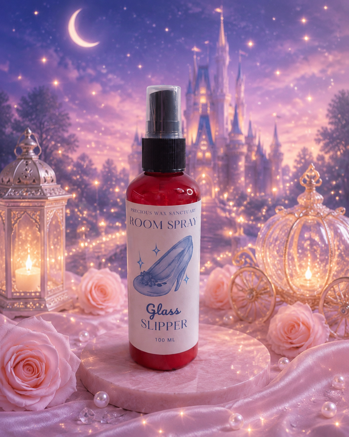 A bottle of 'Glass Slipper' room spray by 'Precious Wax Sanctuary' is displayed on a pink marble slab. The scene is highly stylized with a magical theme, featuring pink roses, a glowing lantern, a golden carriage, and a whimsical purple castle under a crescent moon in the background.