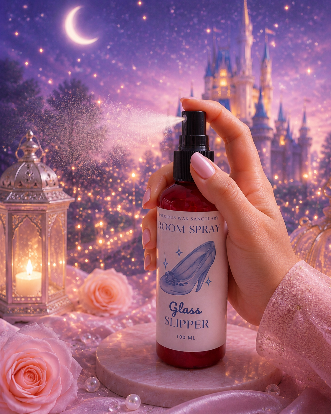 Glass slipper room spray being spritzed with a magical background theme.
