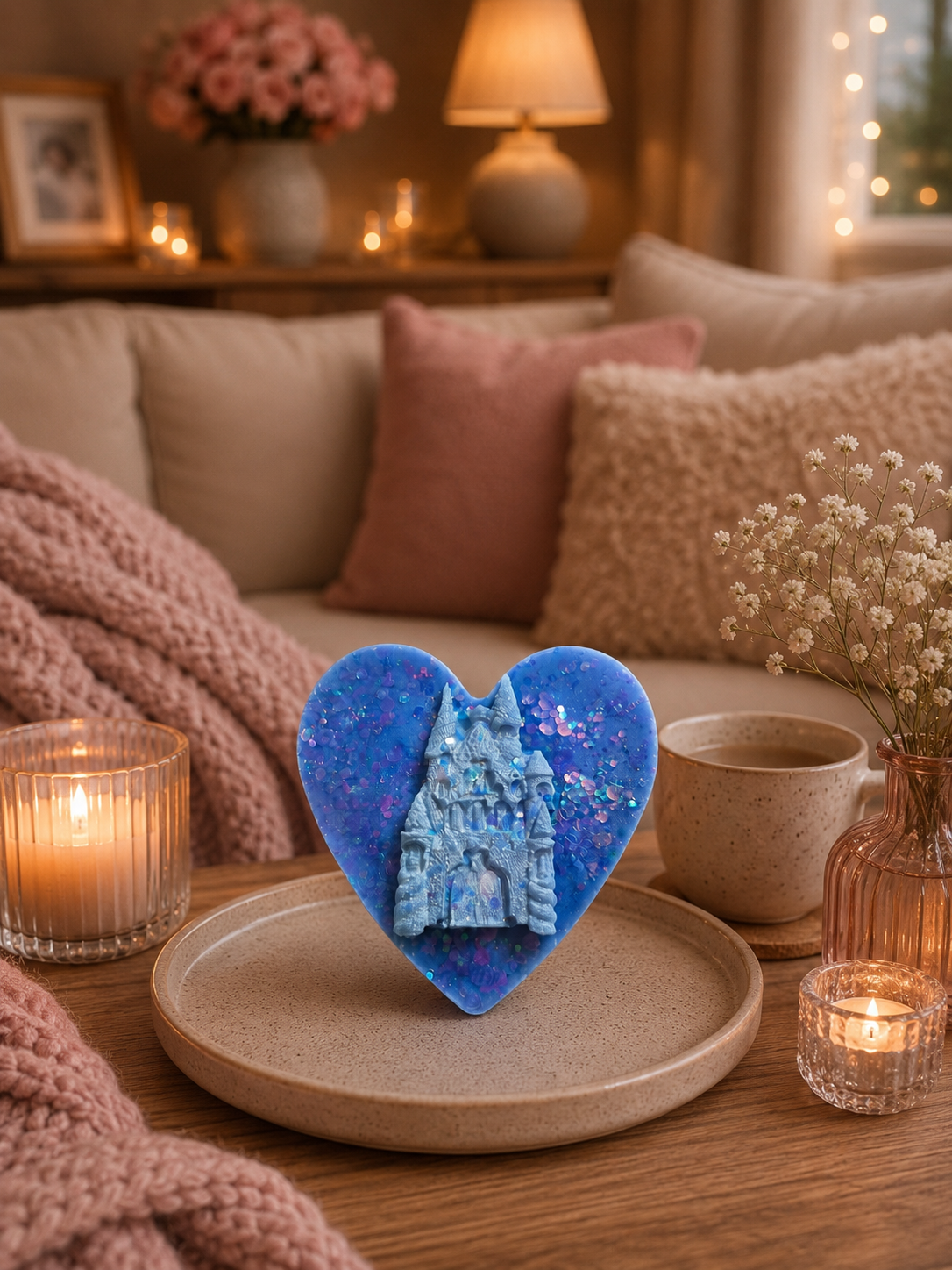 A heart-shaped blue wax melt featuring a detailed castle design, displayed on a wooden tray in a cozy, warmly lit living room setting with candles, pillows, and a blanket.