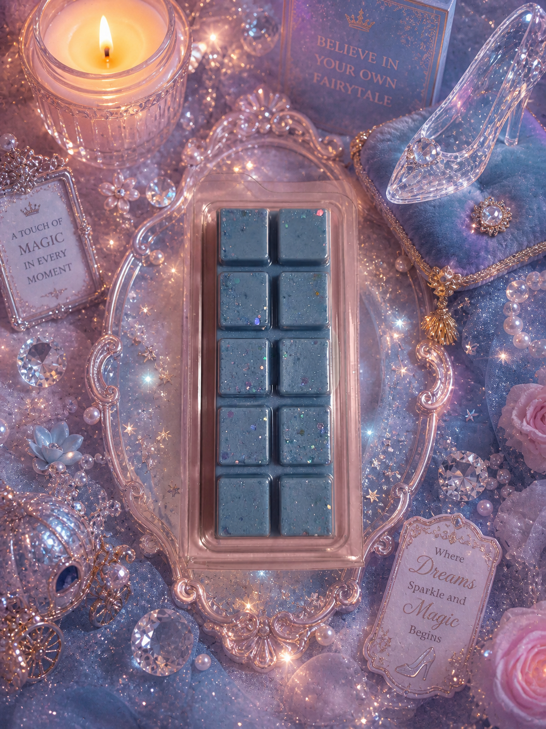 Blue wax melts in a decorative holder with fairy tale-themed decorations.
