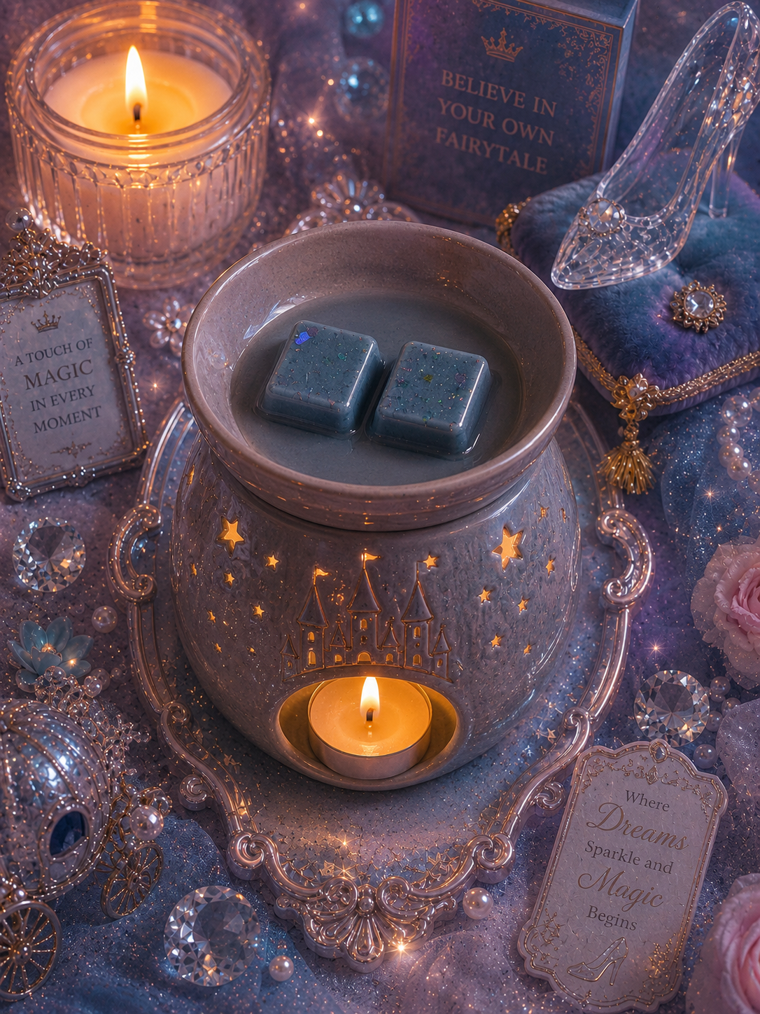 glass slipper wax melts in burner with fairytale background theme with candle adn glass slipper details.