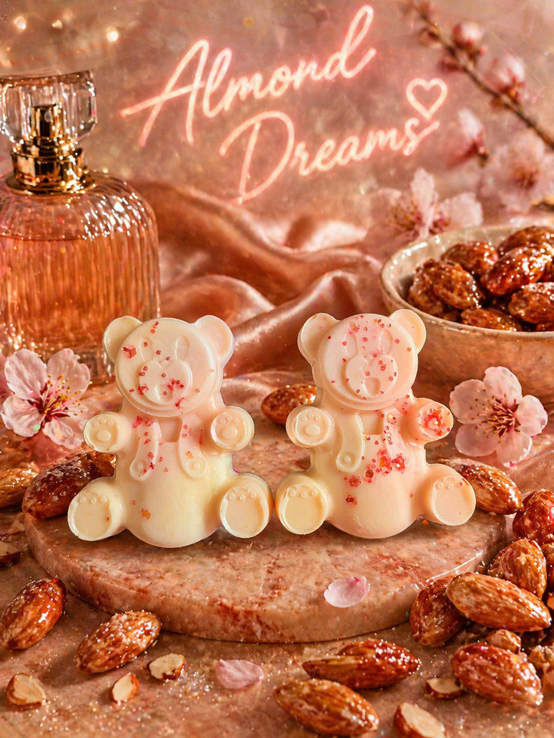 Glazed almond dreams bear wax melt shapes with cosy background.