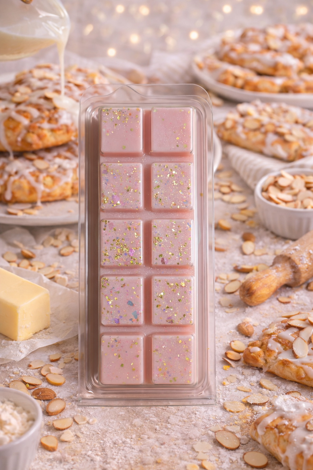 pink wax melt with gold sprinkles on a baking surface with ingredients