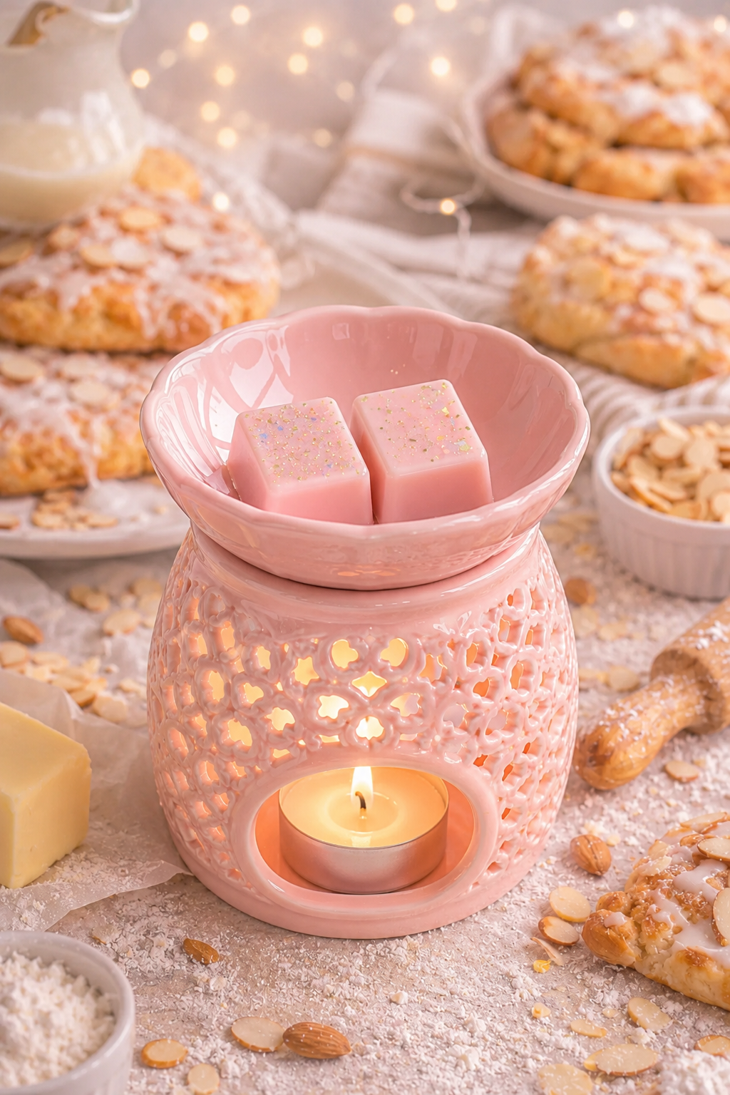glazed almond dreams wax melts in pink burner with bakery background.