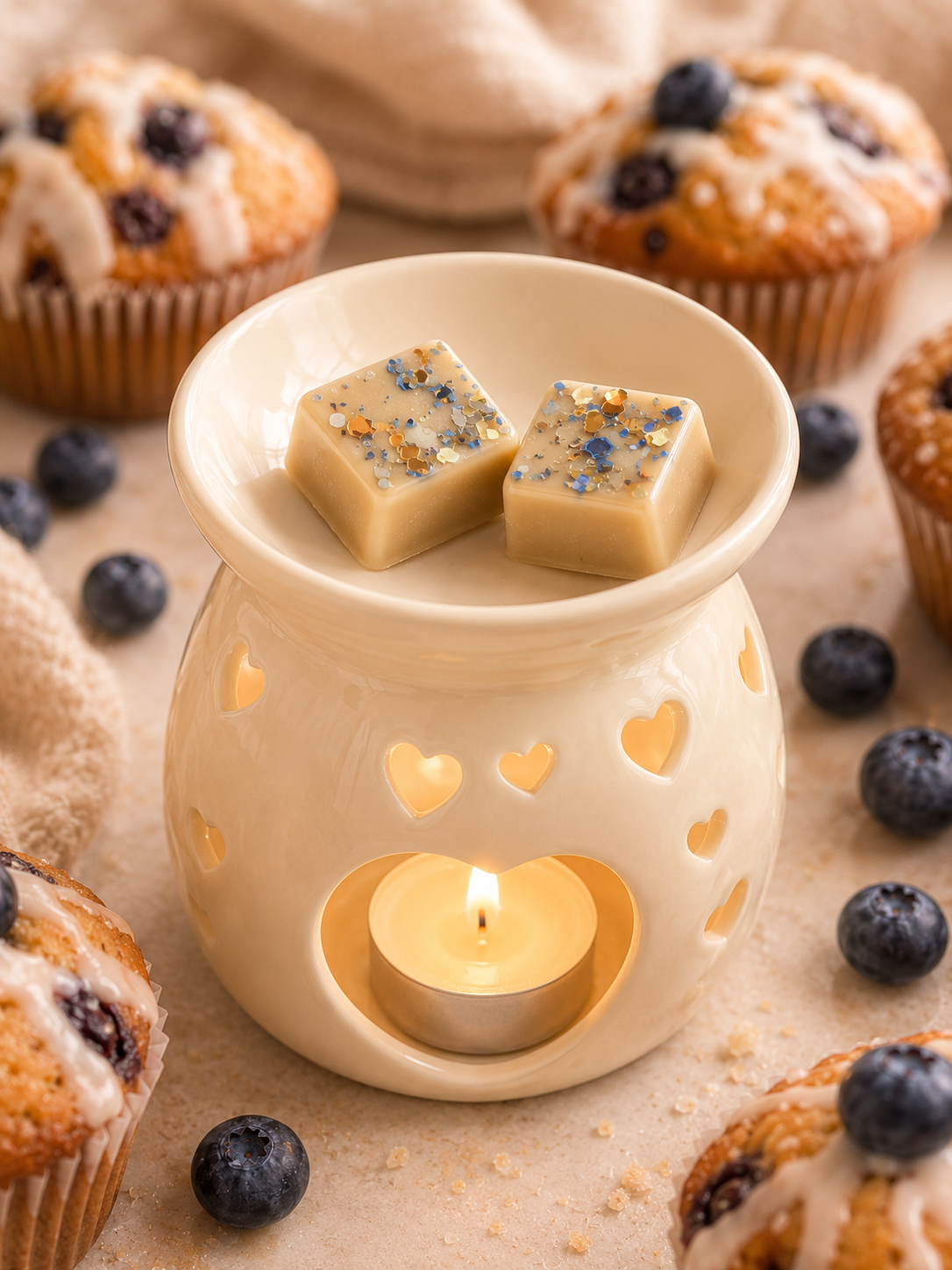 A cream-colored ceramic wax warmer with heart-shaped cutouts, lit with a small tealight candle inside, holding two square wax melts topped with dried blue and gold flakes. Blueberries and blueberry muffins are scattered around on a beige fabric background.