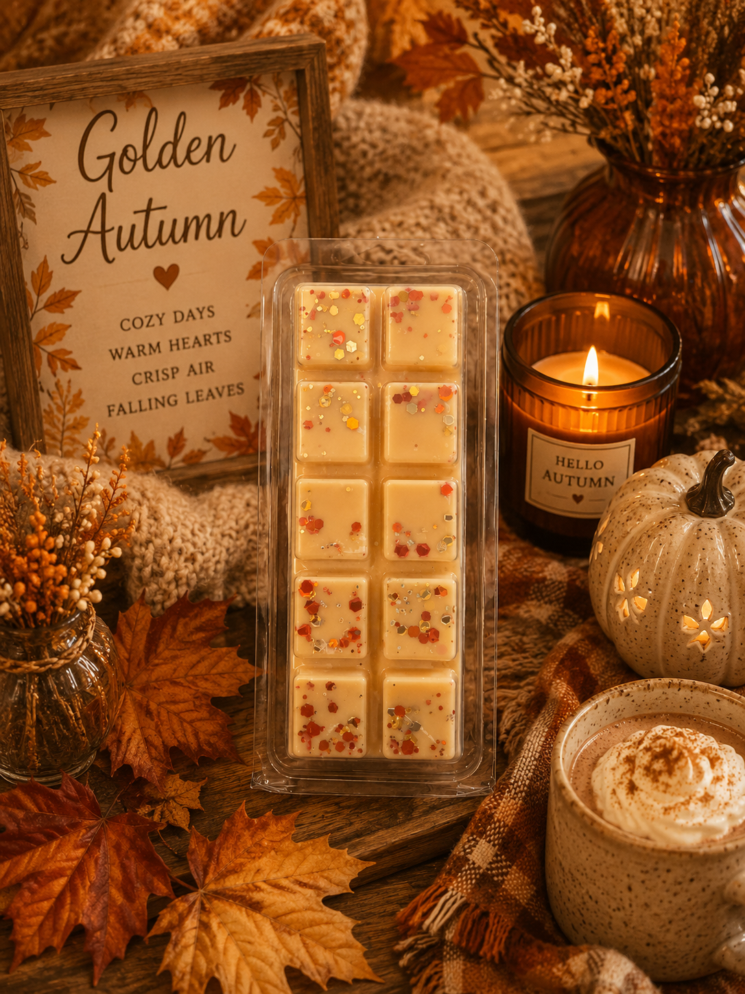 A packaged bar of golden autumn scented wax melts sits on a rustic wooden surface surrounded by fall-themed props, including dried leaves, a lit candle, a pumpkin, a mug with whipped cream, and a sign reading 'Golden Autumn'.