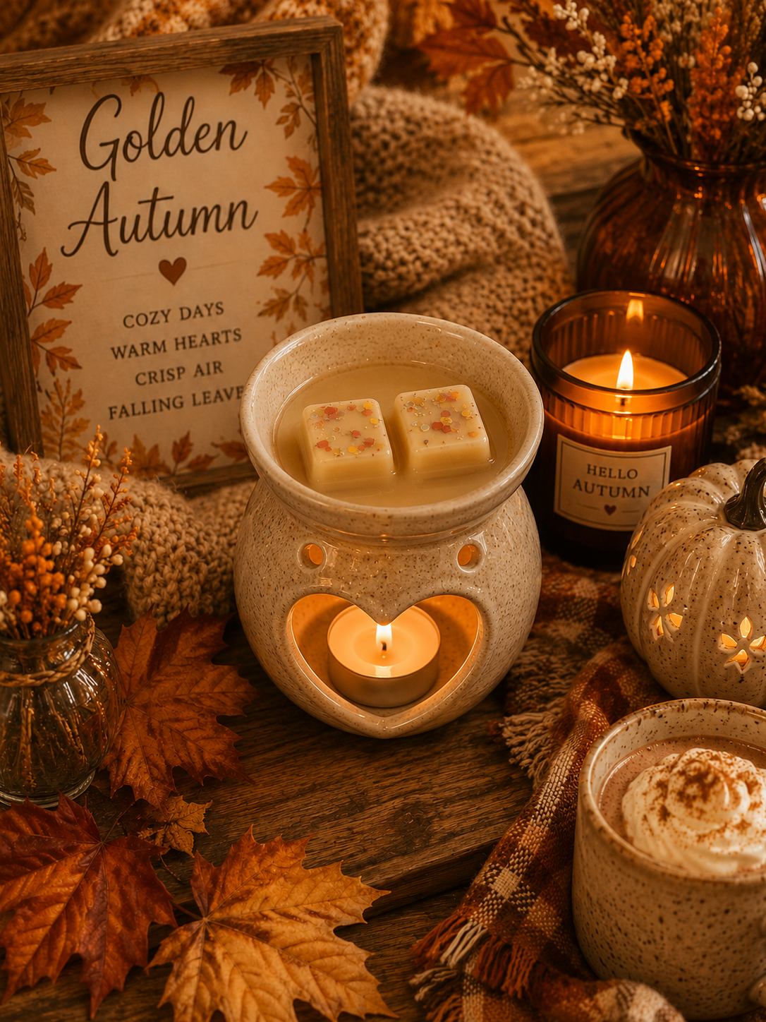 golden autumn wax melts in burner surrounded by cosy autumn leaves background theme.