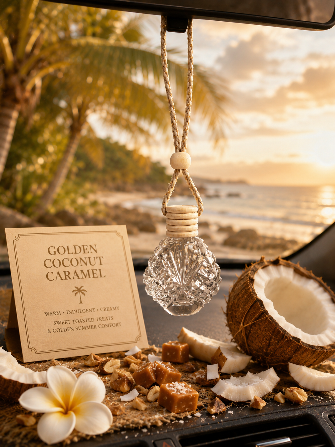 Car air freshener with 'Golden Coconut Caramel' sign and coconut pieces on a car dashboard with palm trees and sunset in the background.