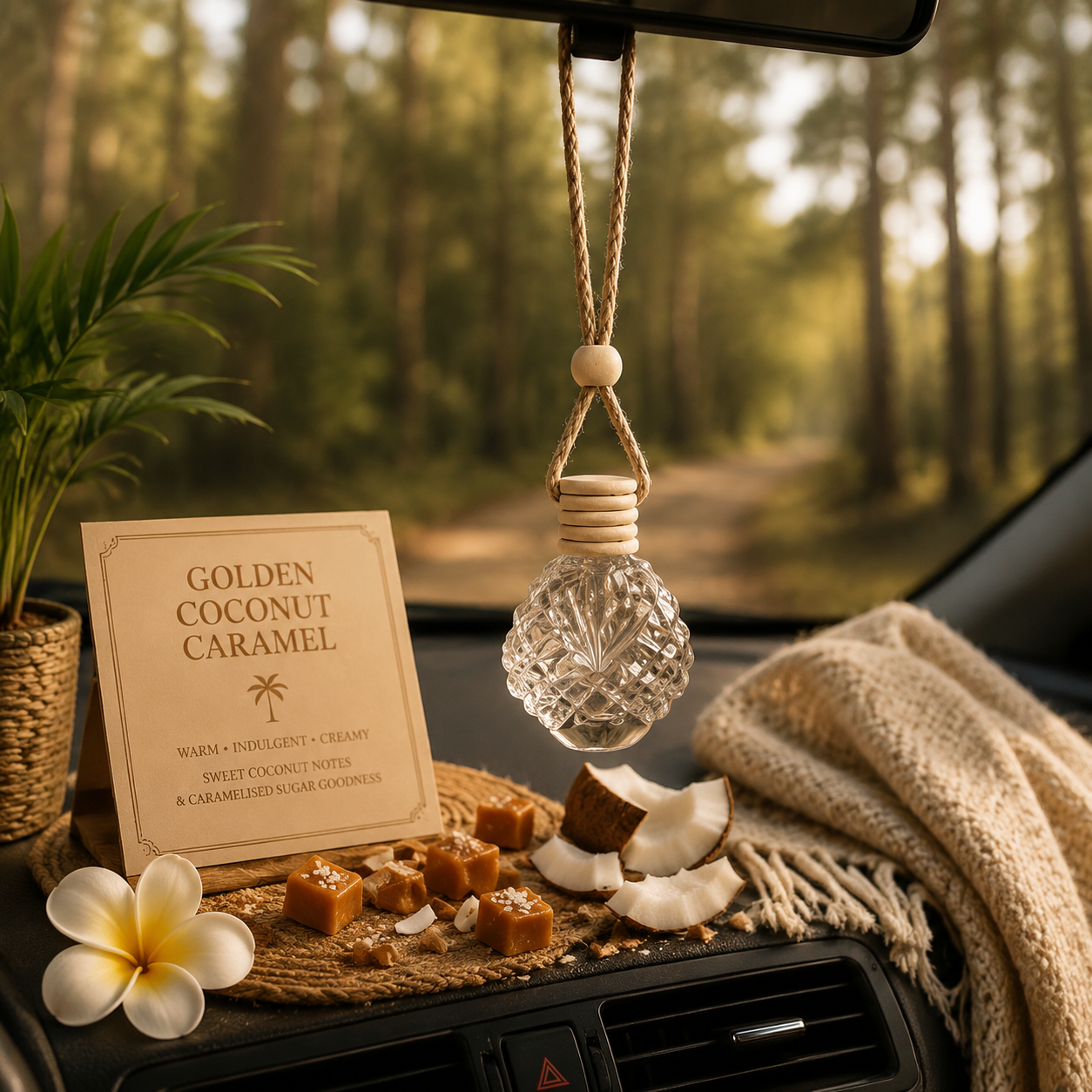 A car air freshener diffuser bottle with a wooden cap and hanging cord, styled on a car dashboard with caramel candies, coconut pieces, a card reading 'Golden Coconut Caramel,' a flower, and a cozy blanket. The background shows a blurred forest road.