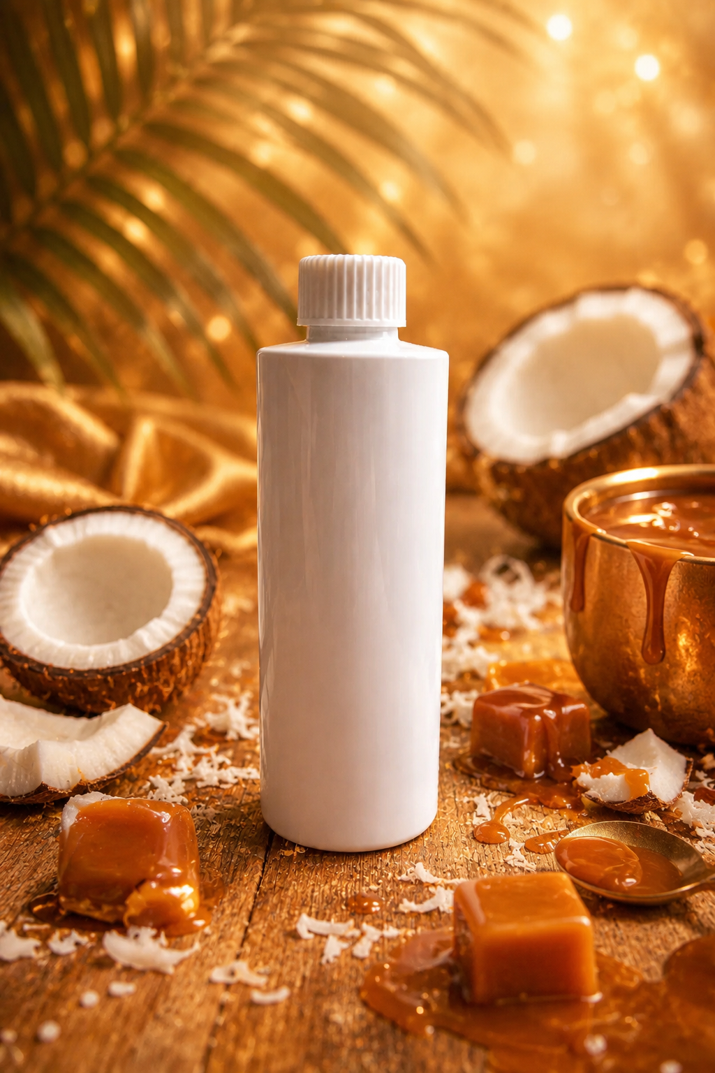 Reed diffuser refill White bottle on a wooden surface with coconuts and caramel