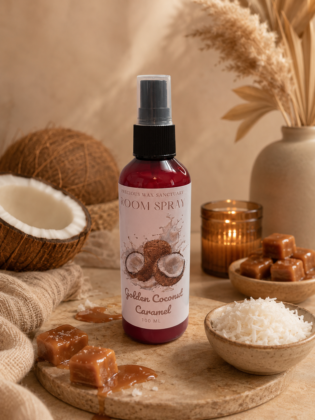 Bottle of 'roon Spray' with a coconut scent on a rustic surface with coconuts and caramel.