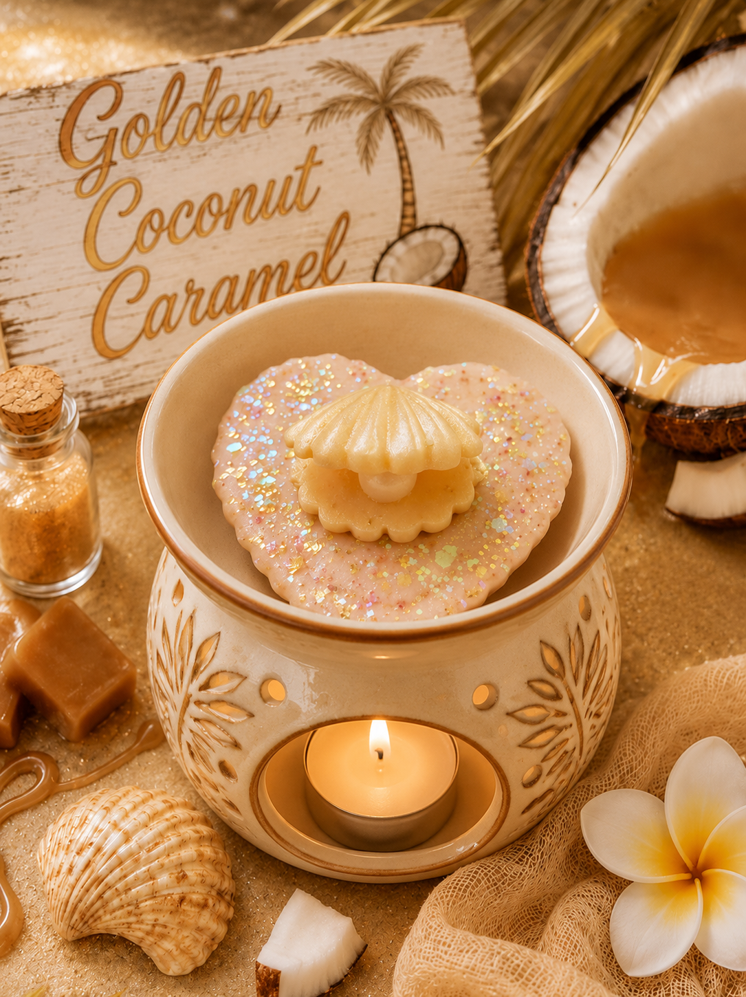 Golden coconut caramel pearl heart wax melt in burner surrounded by beach and shell decor. 