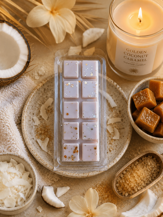 Scented wax melts in a mold with a lit candle labeled 'Golden Coconut Caramel' surrounded by coconut pieces and flowers on a neutral background.