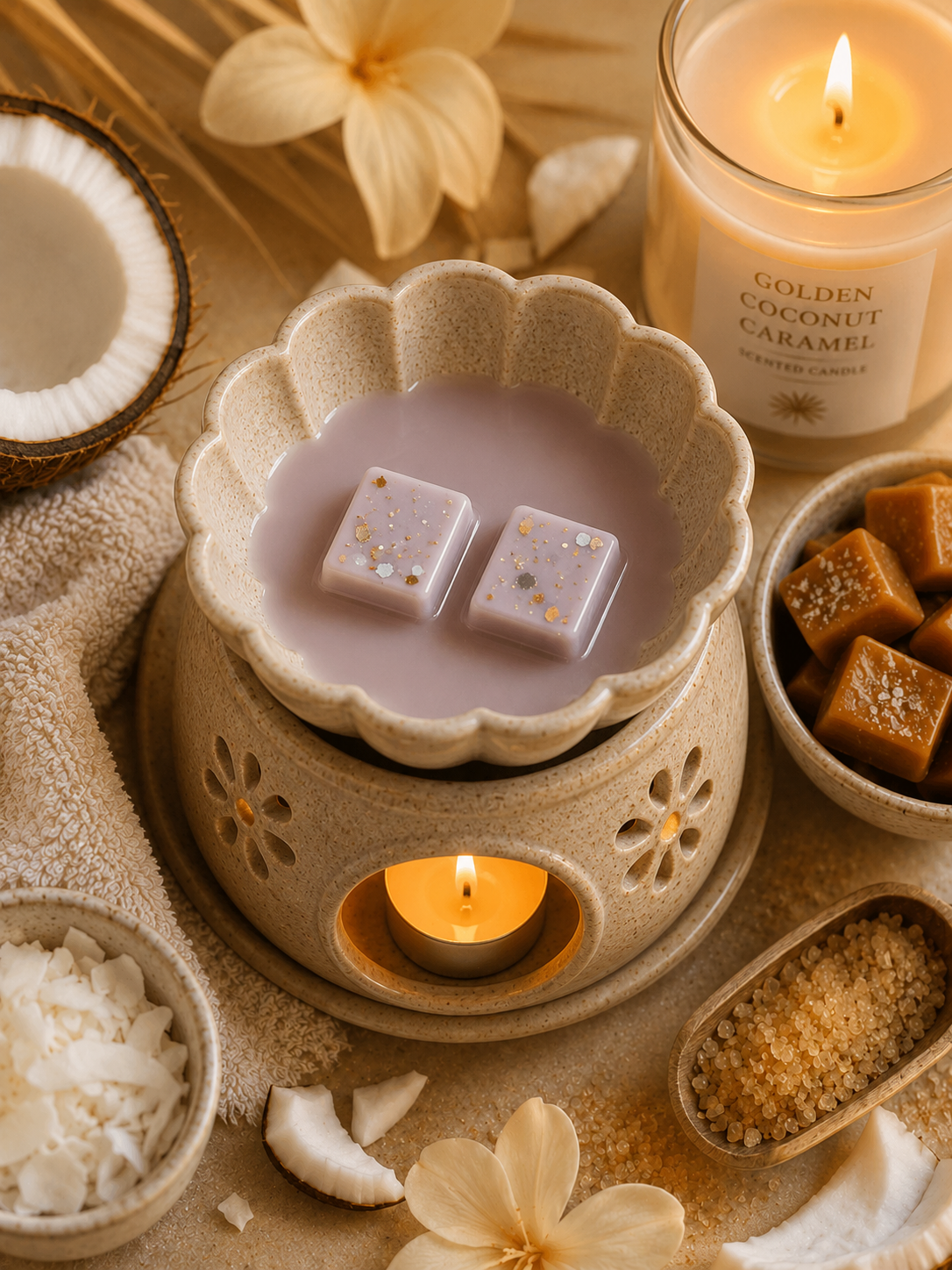 golden coconut caramel wax melts in burner with beach, shell candle background.