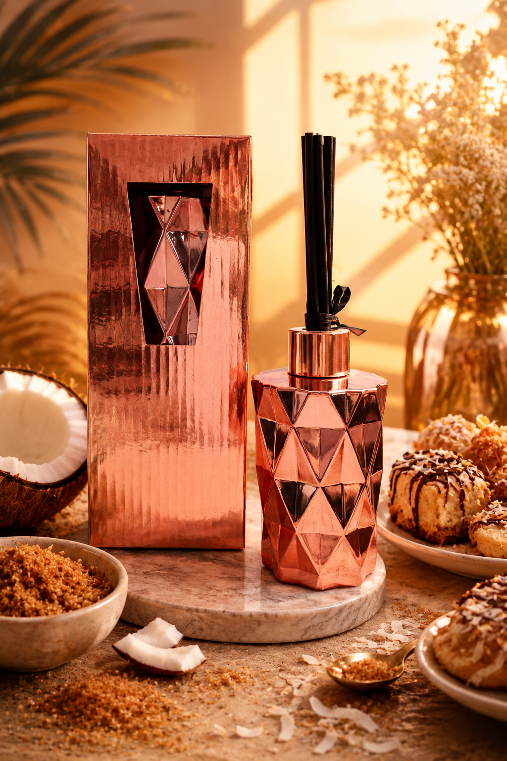 Rose gold decorative bottle with geometric design on a marble surface, surrounded by coconut and pastries.
