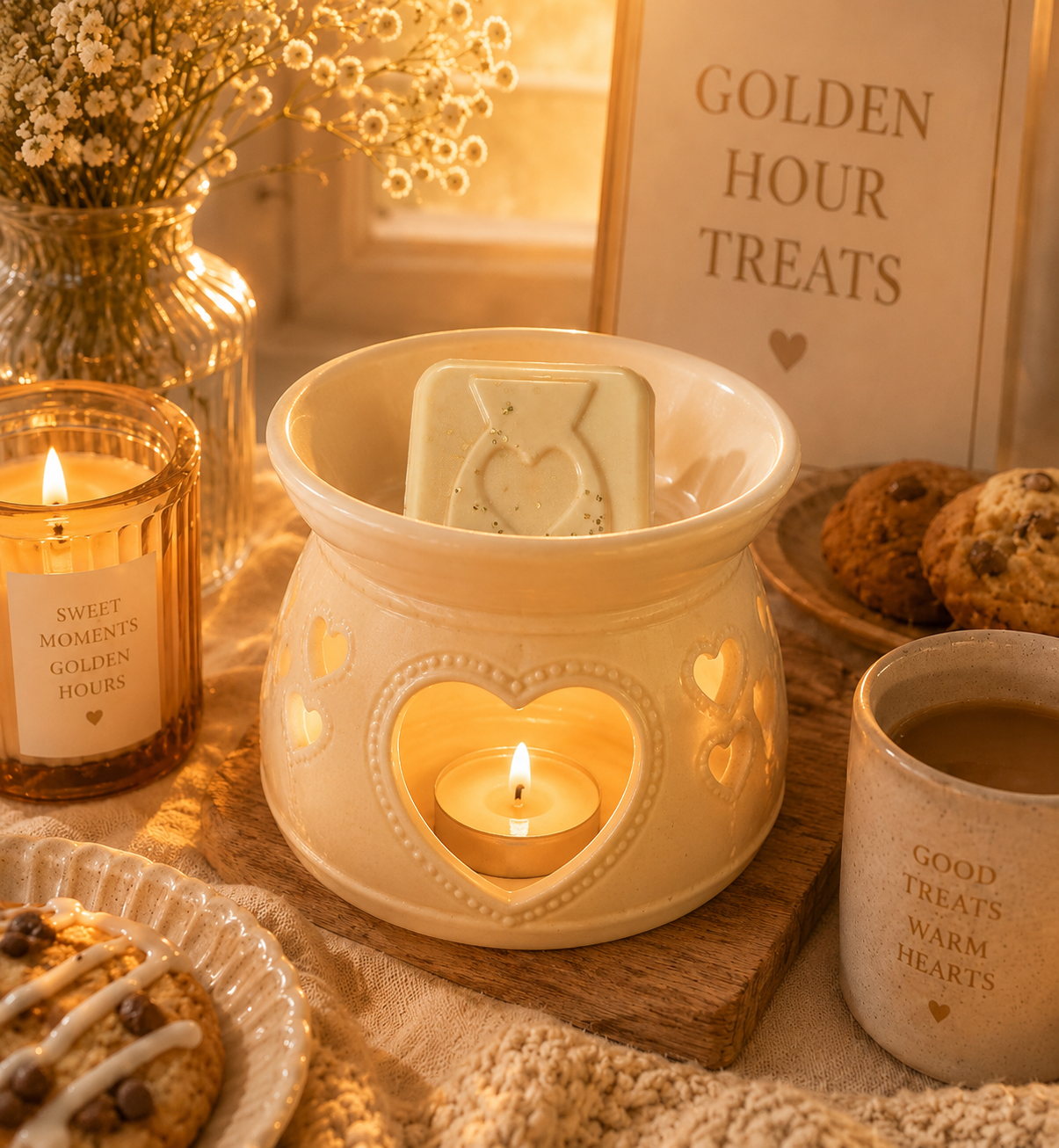 Cream wax melt in burner surrounded by cosy decor.