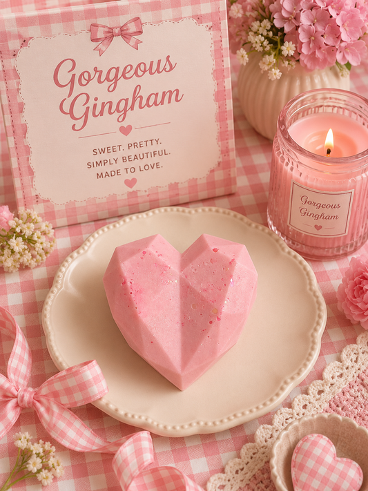A pink heart-shaped wax melt sits on a beige plate, styled with a pink-and-white gingham sign reading 'Gorgeous Gingham,' a lit pink candle in a glass jar, flowers, and ribbon on a matching tablecloth.