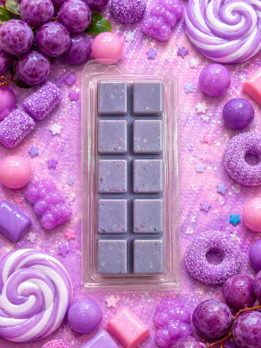 Purple wax melts in a mold surrounded by purple and pink candy and treats.