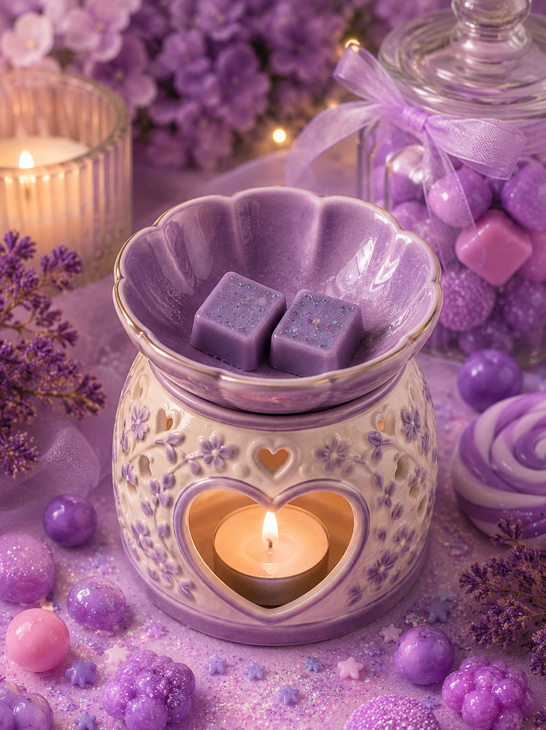 Purple wax melts in burner with sweet background theme.