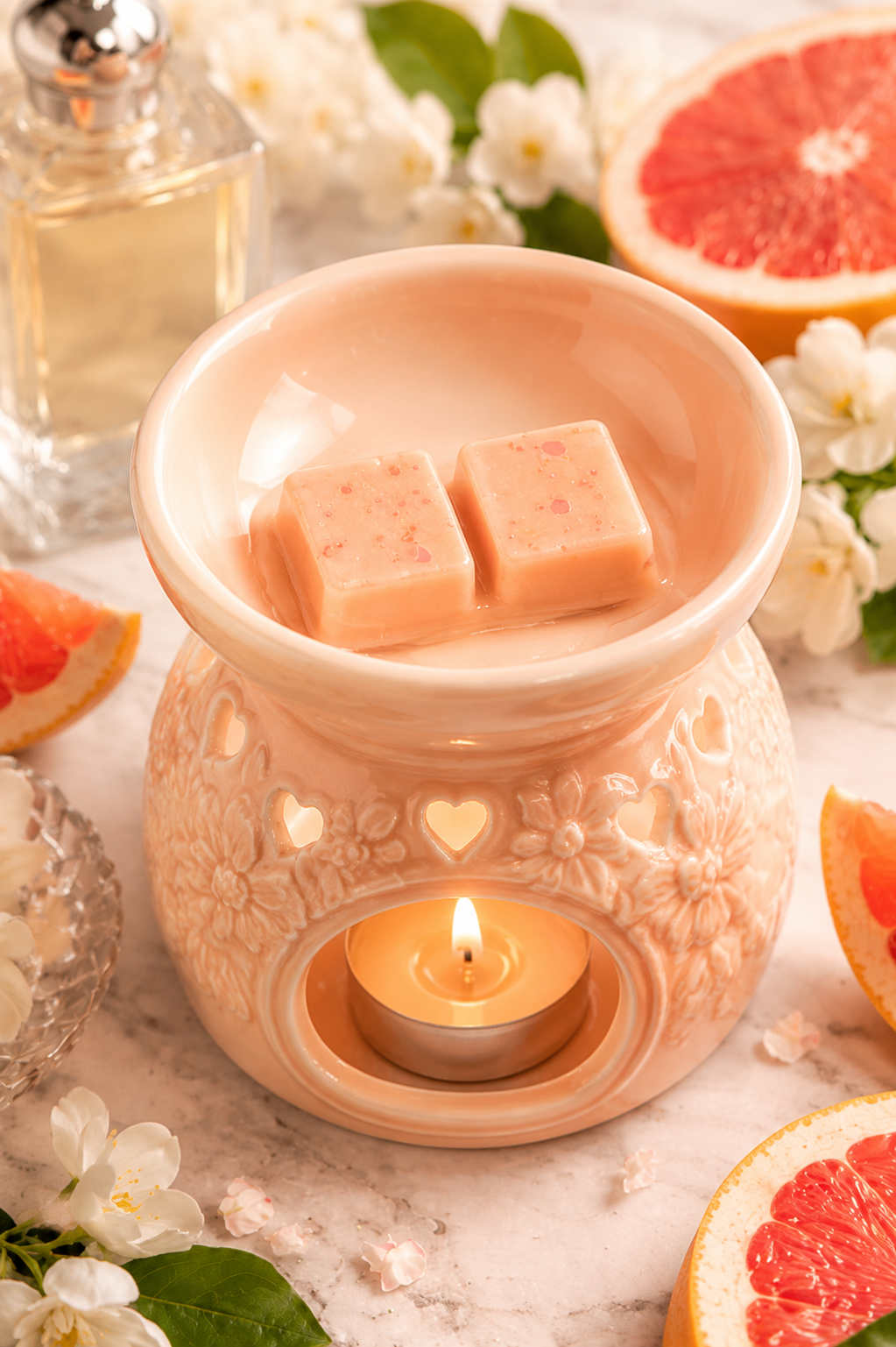 Grapefruit wax melts in burner surrounded by grapefruits. 
