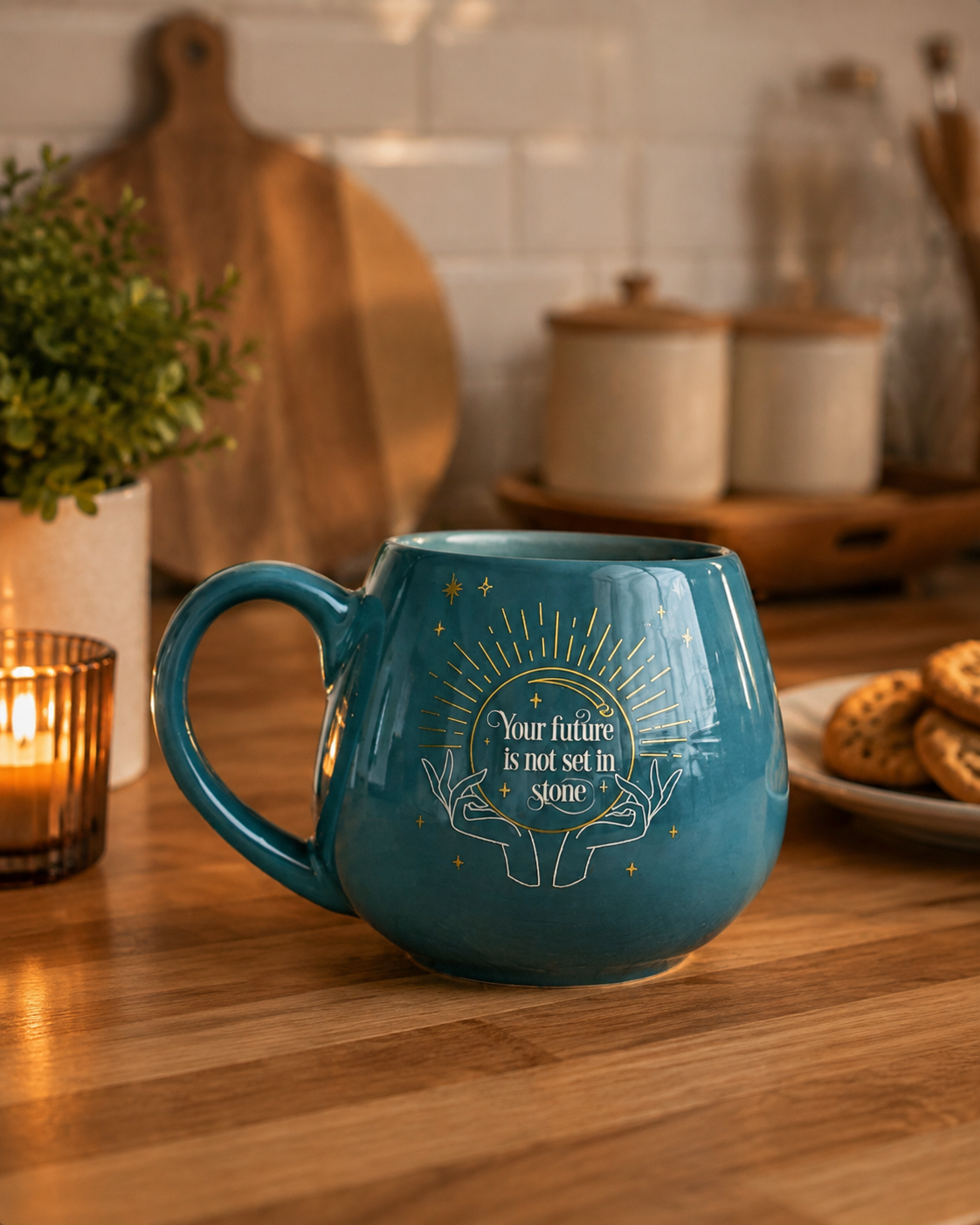 A teal ceramic mug with a gold celestial design and the quote 'Your future is not set in stone' sits on a wooden kitchen counter next to a lit candle and cookies.