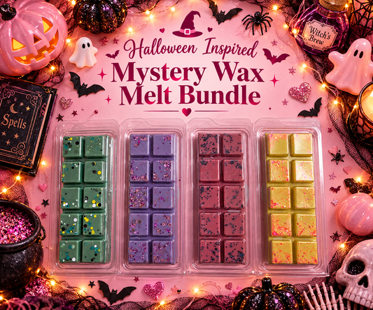 Halloween themed wax melt bundle in four clear plastic clamshell packages, featuring green, purple, pink, and yellow scented bars with sprinkles, surrounded by spooky decorations like pumpkins, a cauldron, a skull, and fairy lights on a pink background.