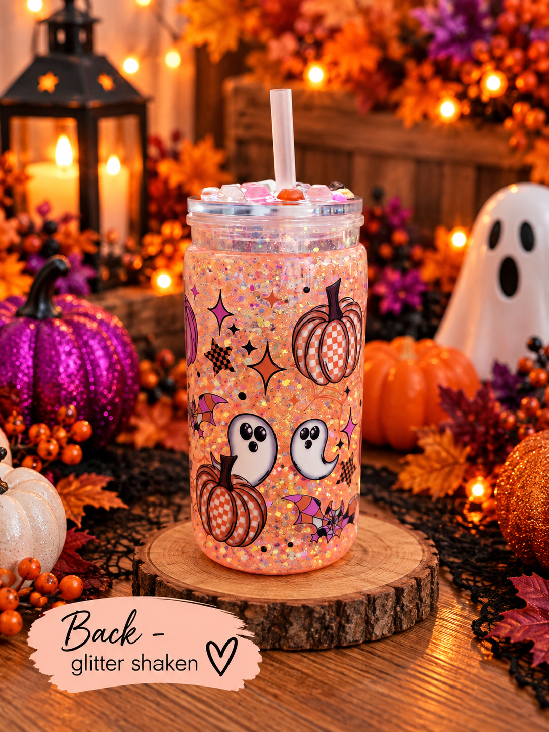 16oz halloween glitter snowglobe tumbler from back glitter shaken with halloween home decor.