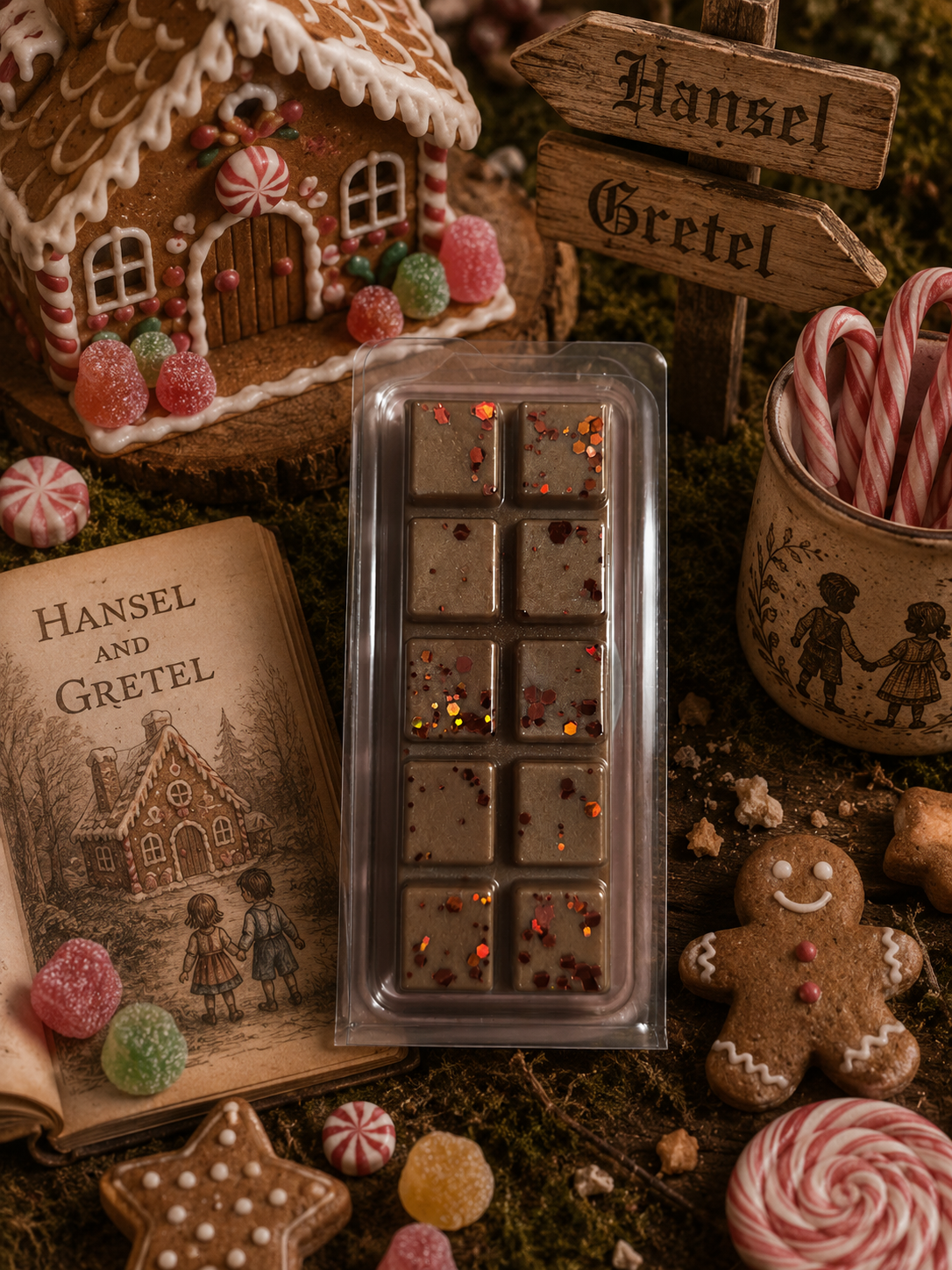 Gingerbread-themed wax melts with a 'Hansel and Gretel' book and gingerbread house in the background.