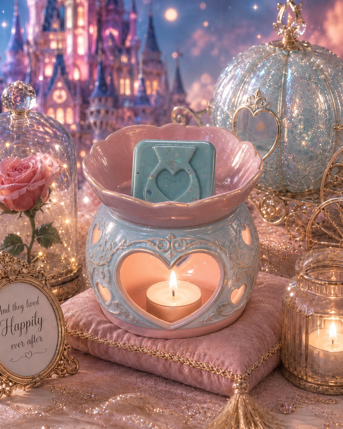 Happy ever after blue wax melt in burner with magical background theme.