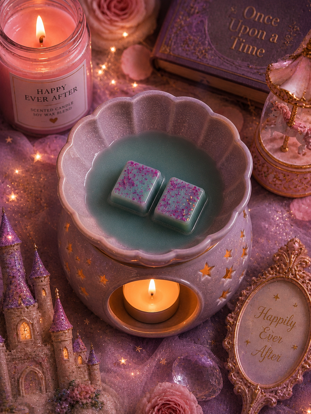 happy ever after wax melts in wax burner with magical background theme candles, castle.