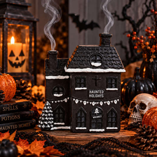 A Halloween-themed haunted house incense holder figurine with a dark black body, white snow-like trim, and white text reading 'HAUNTED HOLIDAYS' and 'VACANCY'. It is styled on a tabletop with pumpkins, a skull, spiderwebs, autumn leaves, and a lantern in a spooky setting.
