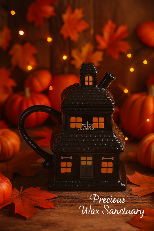 Halloween-themed black house-shaped candle with pumpkins and leaves in the background, featuring 'Precious Wax Sanctuary' branding.