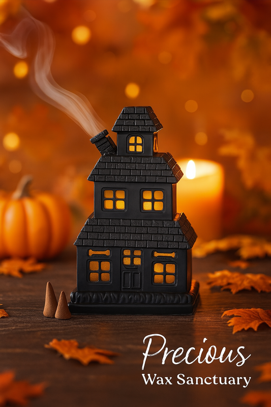Black haunted house candle with smoke, pumpkins, and leaves on a warm-toned background, featuring 'Precious Wax Sanctuary'.