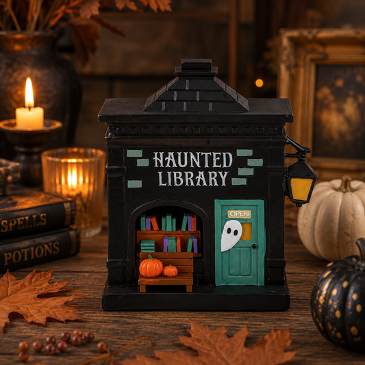 A small black haunted library tabletop decoration with a teal door, white ghost window, bookshelves, pumpkins, autumn leaves, candles, and framed decor in the background.