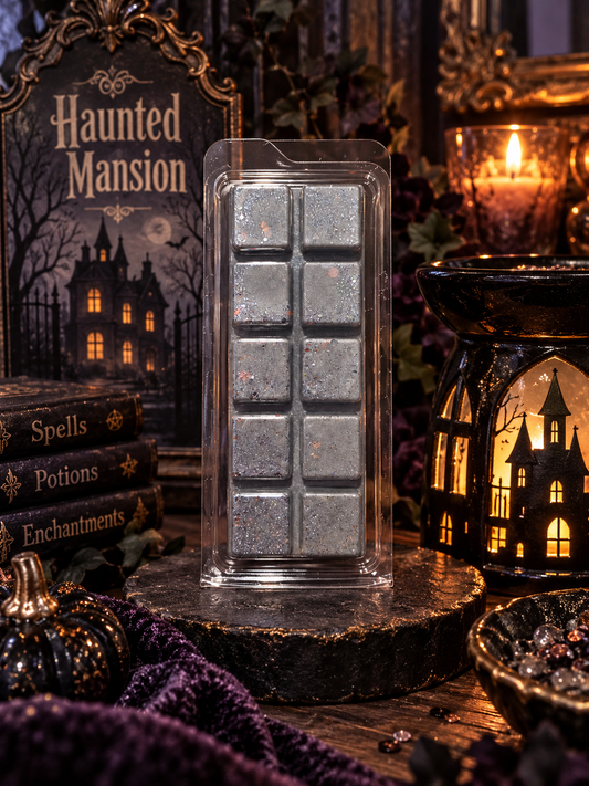 A packaged silver glitter wax melt bar candle in a clear plastic clamshell package, displayed on a rustic wood slice surrounded by Halloween-themed decor including a 'Haunted Mansion' sign, candles, and decorative books.