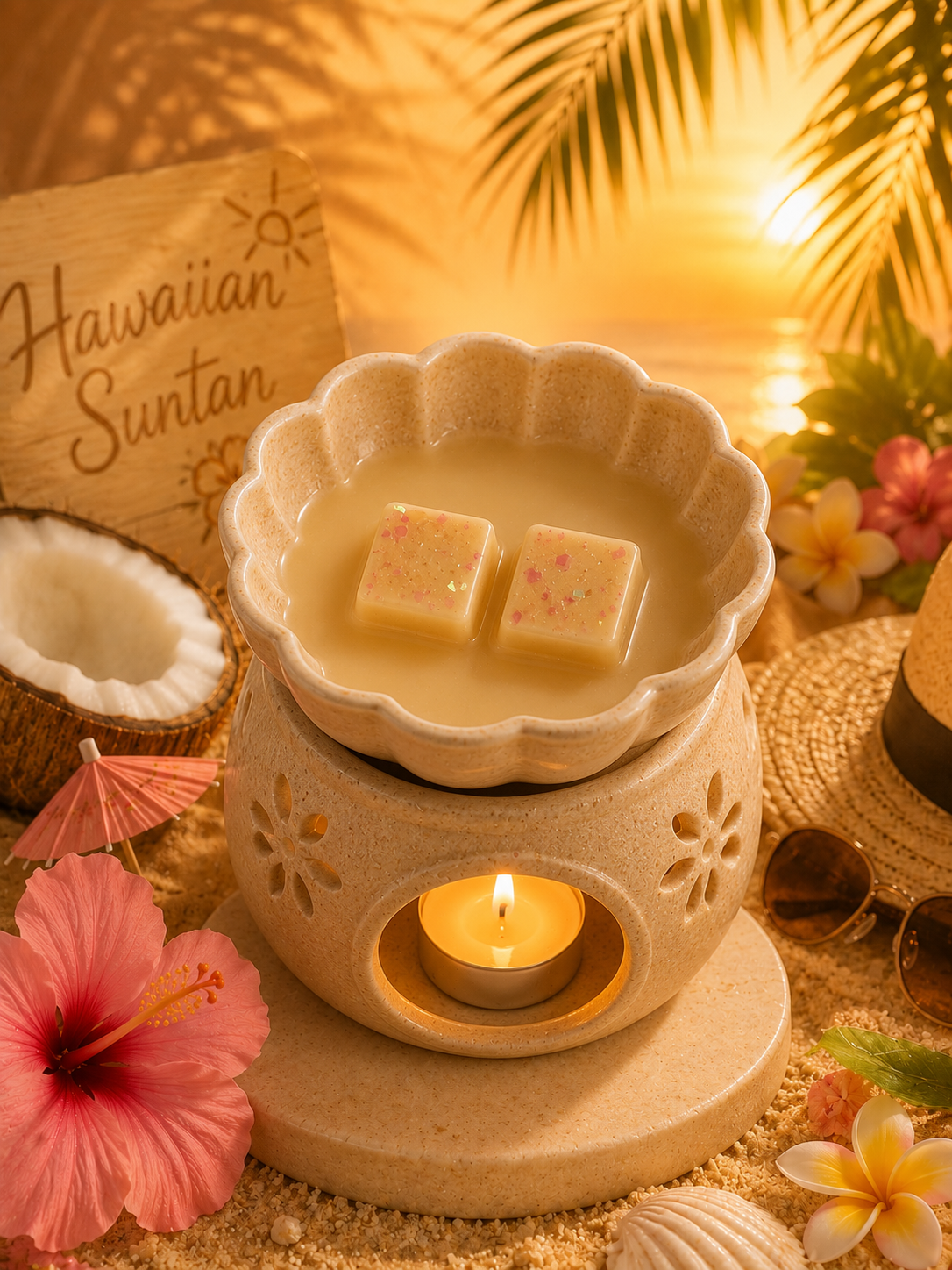 A Hawaiian Suntan wax melt warmer set in a tropical beach scene with palm leaves, hibiscus flowers, a coconut, and a lit candle. The cream-colored ceramic warmer holds two square wax melts with pink floral details.