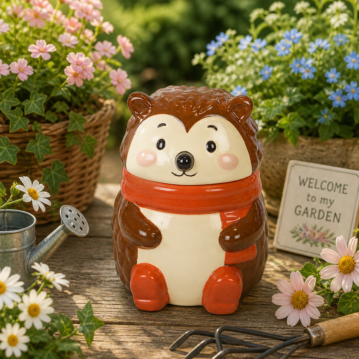 Hedgehog oil burner surrounded by flowers in garden
