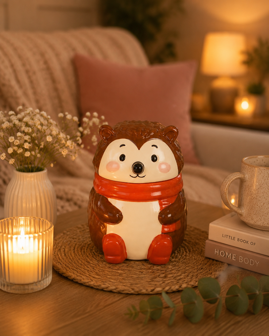 A ceramic hedgehog figurine wearing a red scarf, displayed on a woven placemat on a wooden table in a cozy, warmly lit living room setting with candles, a mug, and books.