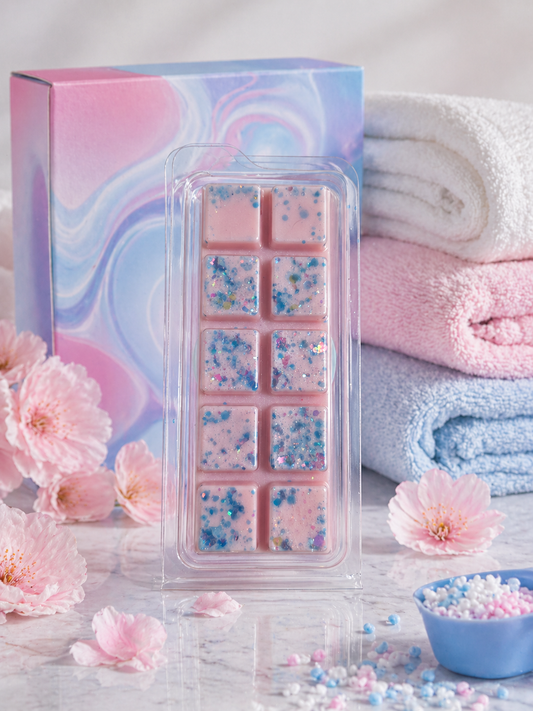 Pink and blue decorative wax melt bar, flowers, and towels on a light background
