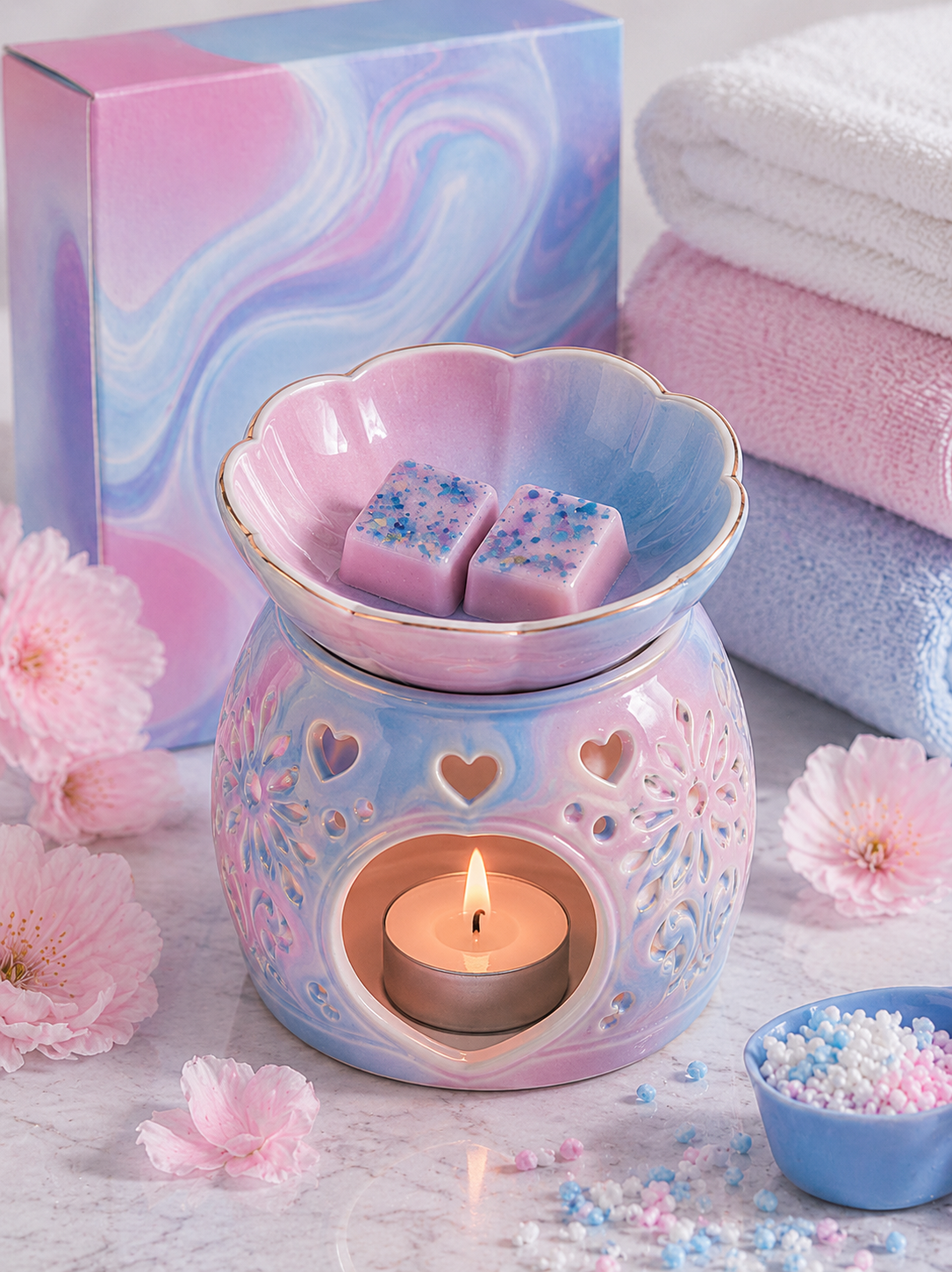 Pink and blue wax melt in burner with laundry background. 