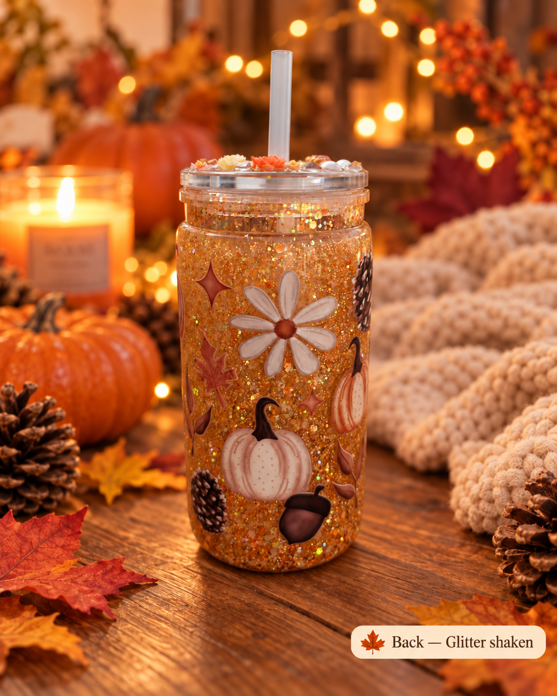 A glitter-filled mason jar tumbler with a white straw, decorated with autumn-themed glitter decals including pumpkins, pinecones, acorns, and a daisy flower. The tumbler is set on a wooden table surrounded by fall decorations, including pumpkins, pinecones, autumn leaves, a lit candle, and a cozy knitted blanket, with warm bokeh string lights in the background.