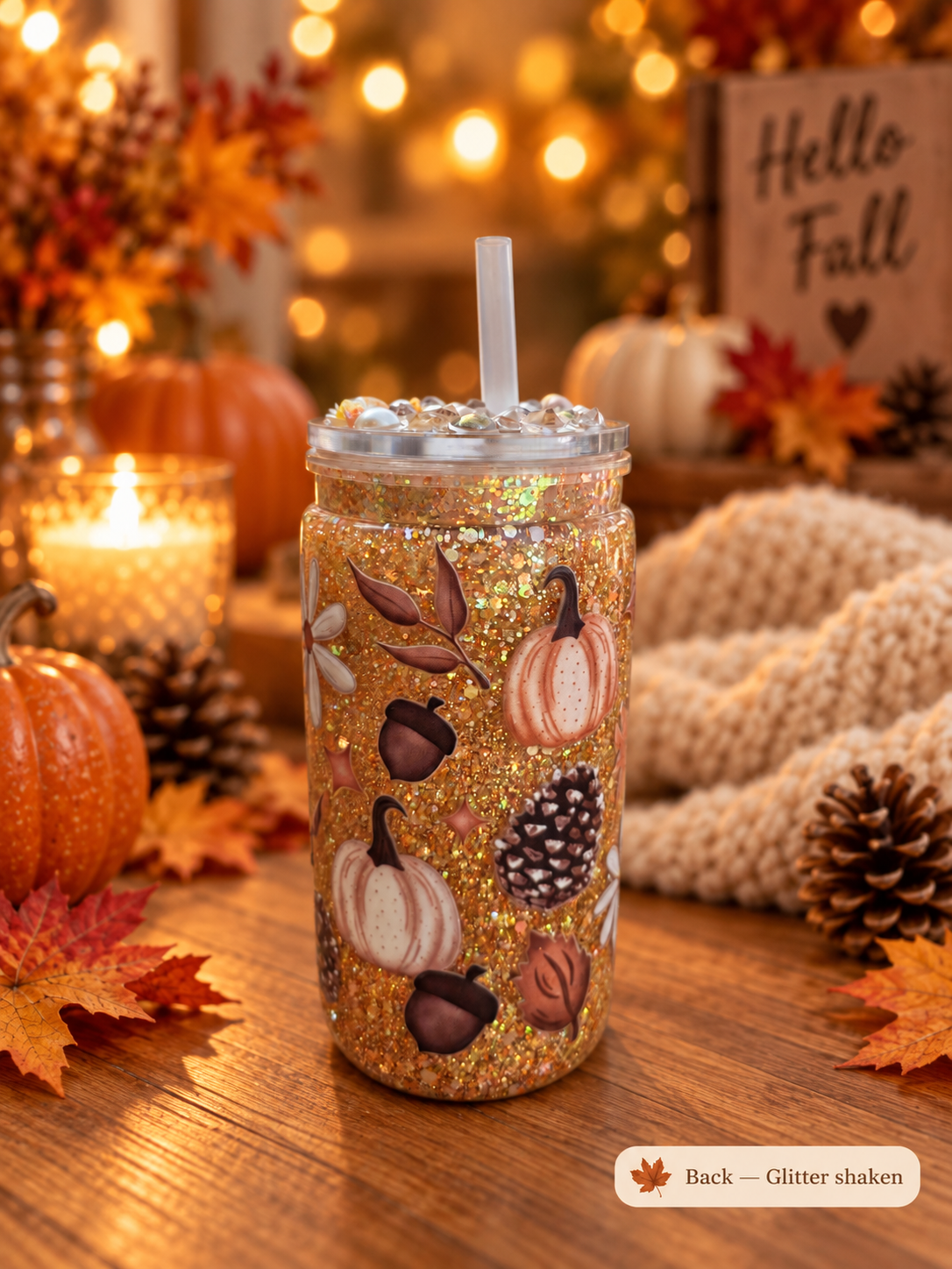 A glitter-filled tumbler cup with a clear lid and straw, decorated with autumn motifs like pumpkins, acorns, and pinecones, set on a wooden table with fall decorations in the background.