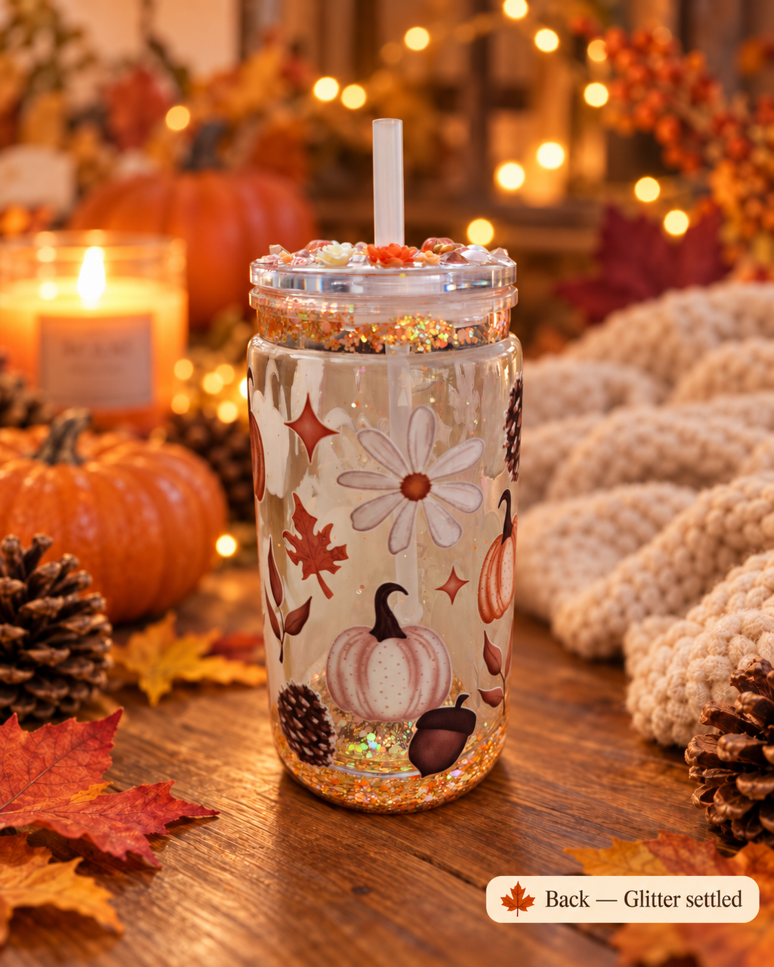 A clear mason-jar-style tumbler with a white straw, decorated with white daisy flowers, pumpkins, pinecones, acorns, and autumn leaves, filled with gold glitter that has settled at the bottom. The tumbler is set on a wooden table surrounded by fall decorations including pumpkins, pinecones, autumn leaves, a lit candle, and a knitted blanket, with warm bokeh string lights in the background.