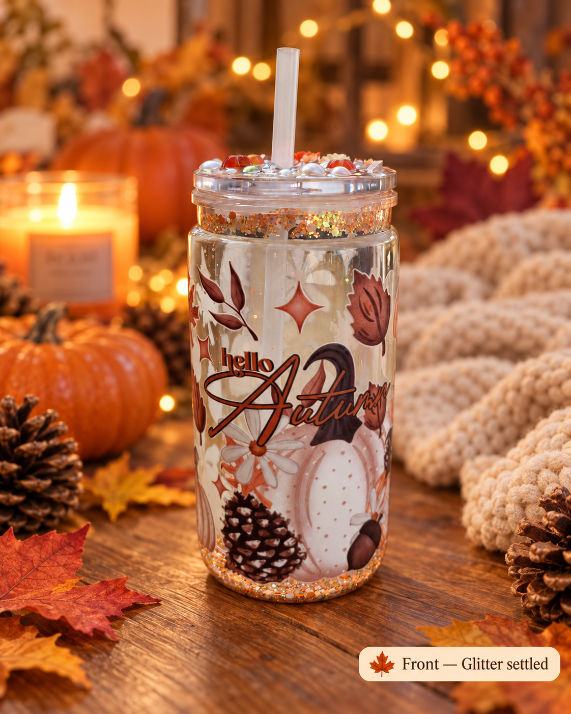 A clear glitter-topped tumbler with a white straw and lid, decorated with autumn illustrations and the words 'hello autumn,' sits on a wooden table surrounded by pumpkins, fall leaves, pinecones, and warm string lights. A small label in the lower right reads 'Front — Glitter settled.