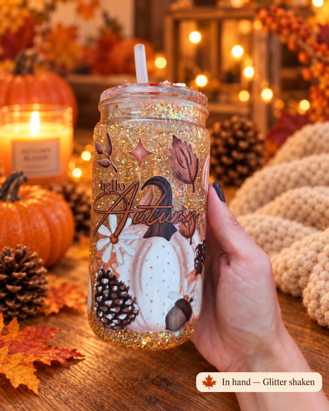 A hand holds a glitter-filled mason jar tumbler with a straw in an autumn-themed setting. The tumbler features a white pumpkin, pinecones, acorns, and 'hello Autumn' text.