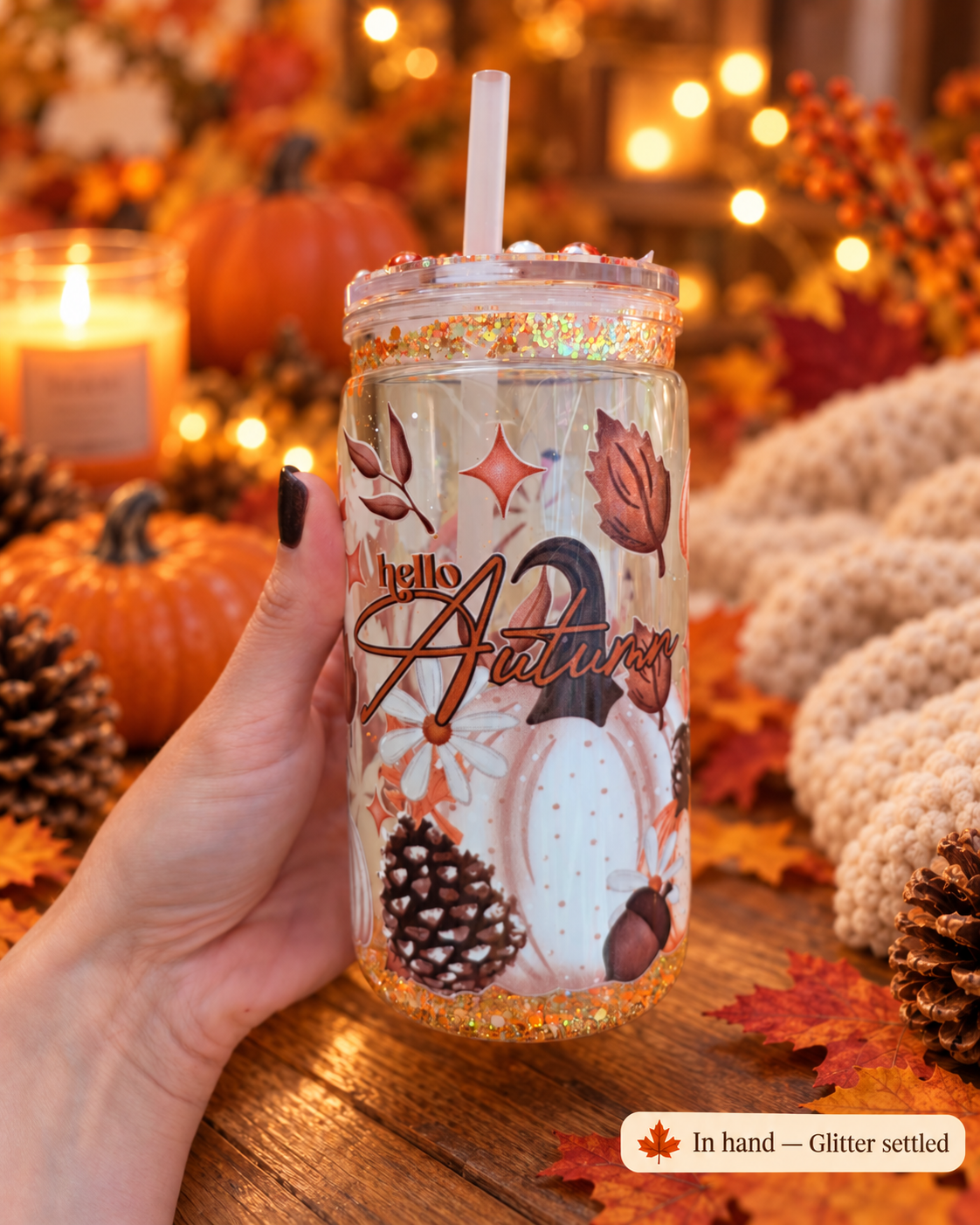 A hand holds a clear glitter tumbler with a white straw in an autumn-themed setting. The tumbler features 'hello Autumn' text, a pumpkin, pinecone, acorn, and fall leaves, with glitter settling at the bottom.