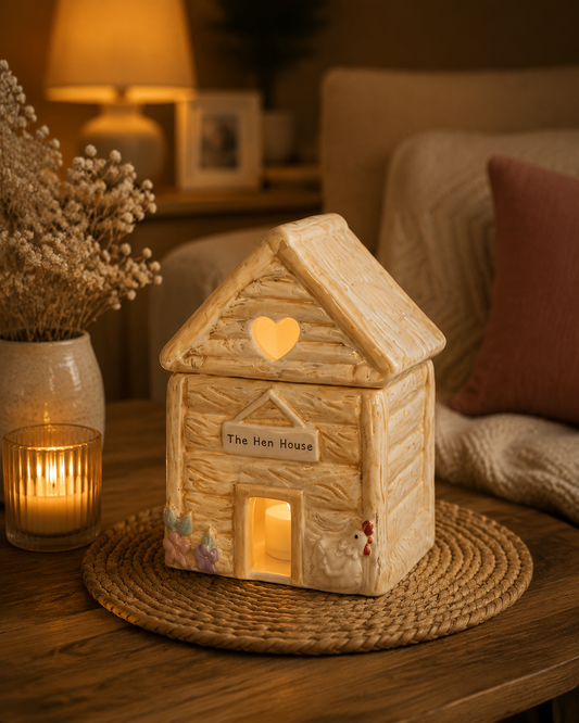 Hen house oil burner lit in cosy home