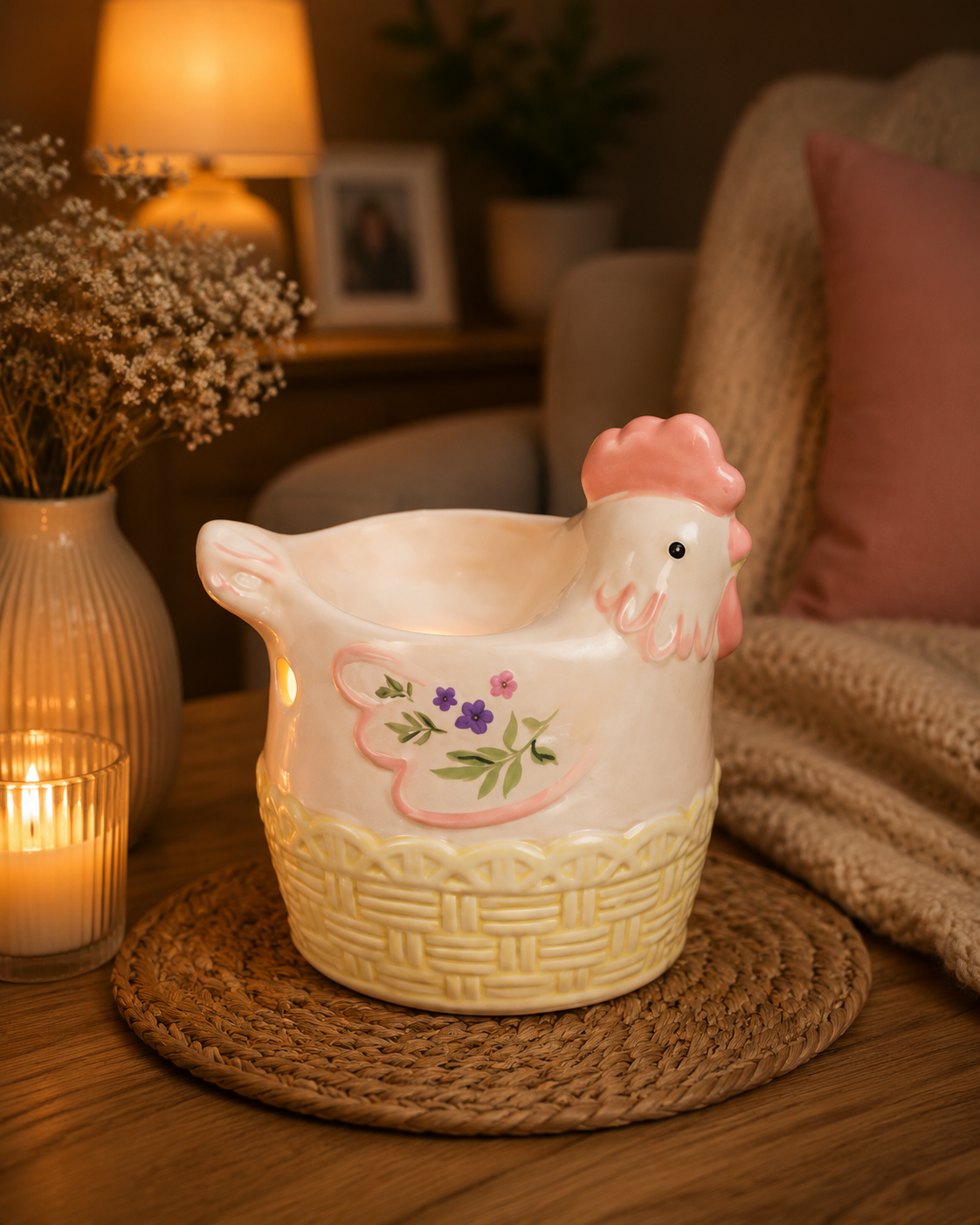 Hen shaped oil and wax warmer surrounded by cosy decor in home