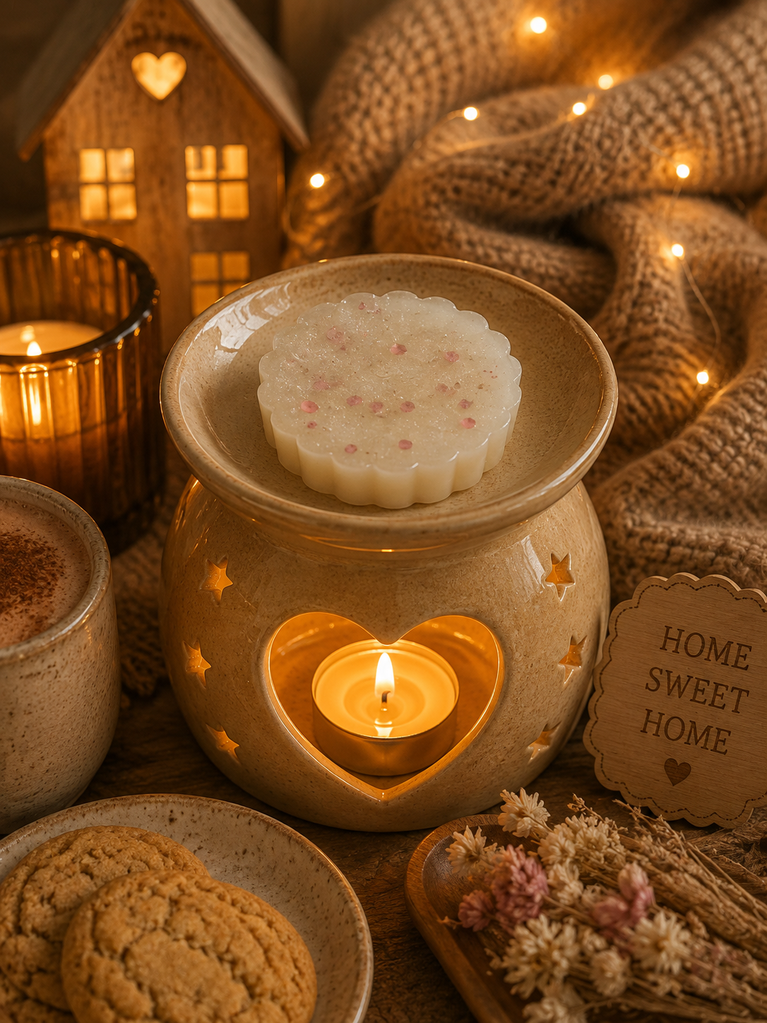 A warm, cozy home scene featuring a ceramic heart-shaped wax warmer with a lit candle inside, topped with a gel white wax melt. The scene is decorated with a knitted beige scarf, warm fairy lights, cookies on a plate, and a wooden sign that reads 'HOME SWEET HOME'.