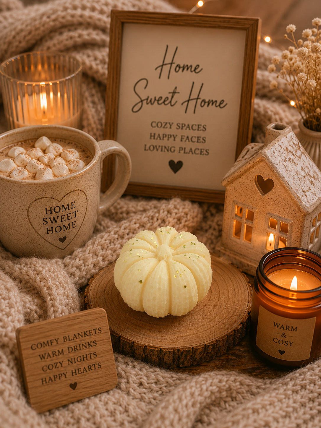 home sweet home pumpkin shape wax melt with cosy background theme.